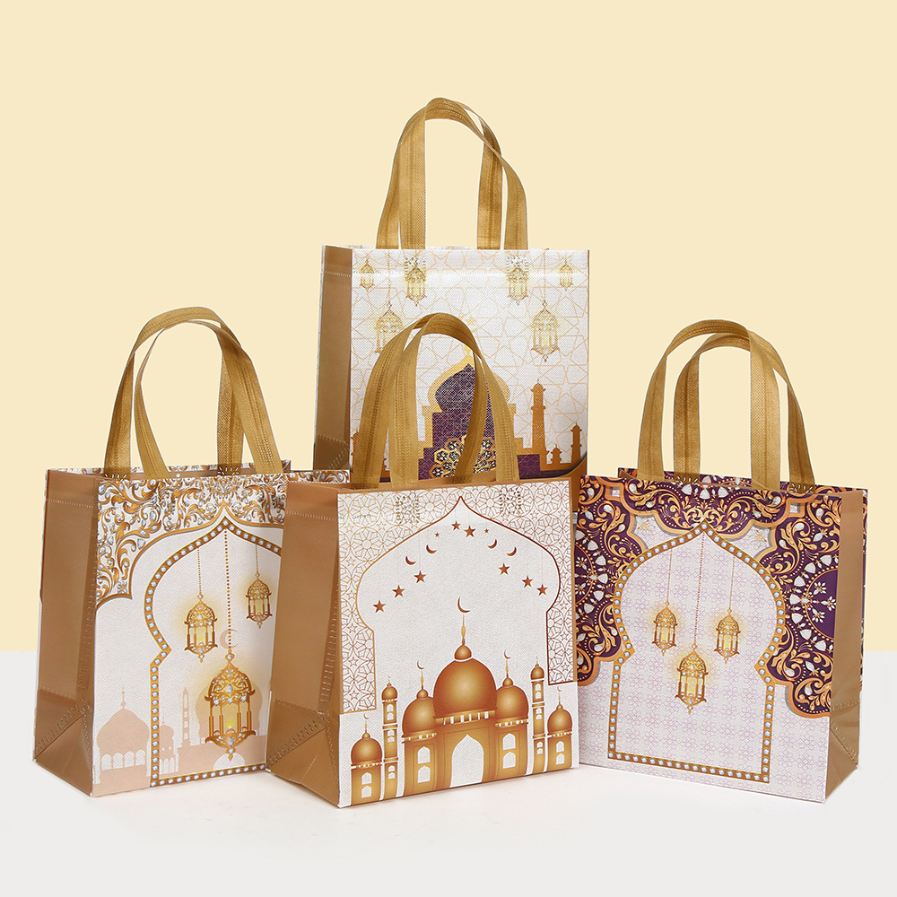 Event Party Shop - 6個入り イード・ムバラク テーマ 不織布ギフト包装袋 ゴールドムーンキャッスル ショッピングトートバッグ