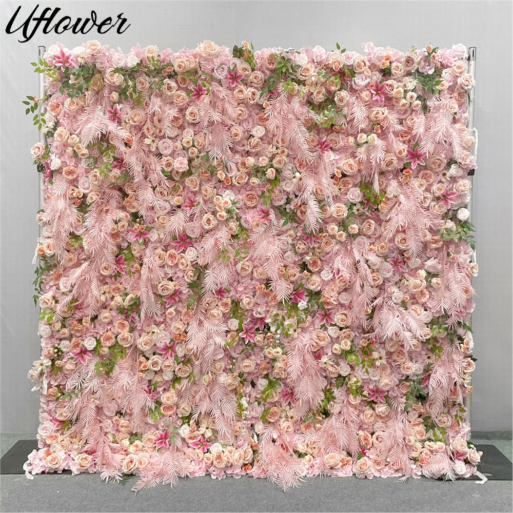 Flower Wall Panel - Uflower 5D ピンクローズ布花壁 Artificail 生地ロールアップ羽花壁結婚式の背景の装飾ハング写真小道具