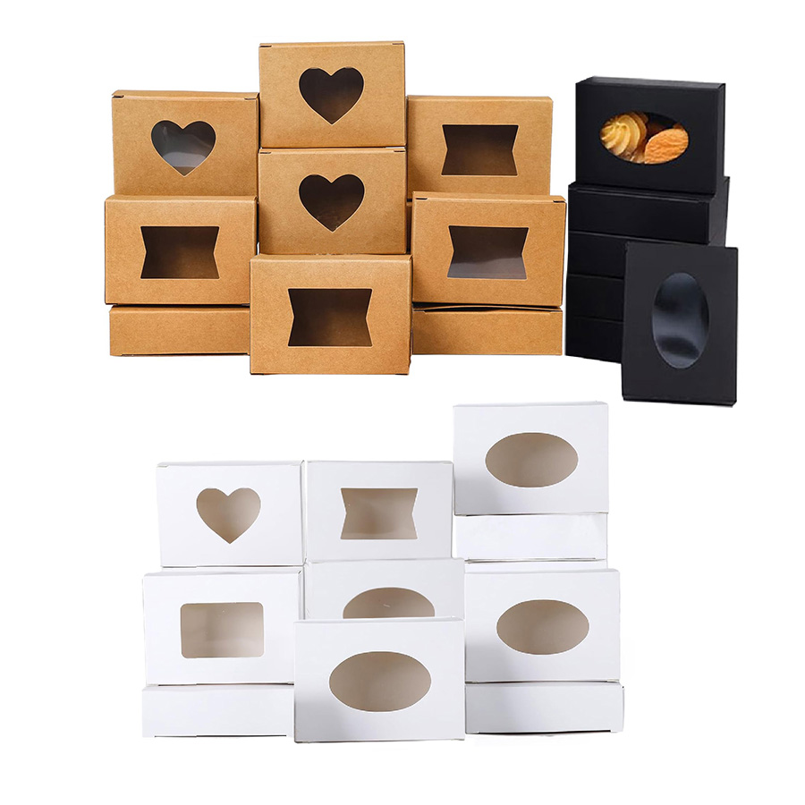 Event Party Box - 10個の小さな長方形クラフト紙ボックス、透明な窓付き、ミニソーププレゼントトリートギフトボックス、ベーカリーキャンディー、チョコレート用