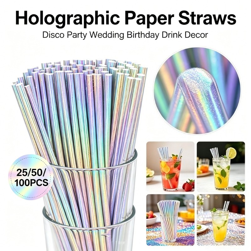 Paper Straw Color - 25/50/100 個シルバーレーザー紙ストロー使い捨てストローカクテルジュース装飾結婚式誕生日ディスコパーティー用品